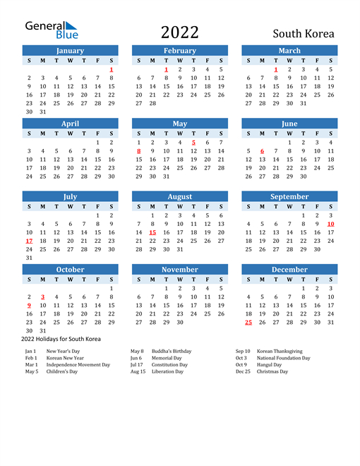 2022 Calendar - South Korea With Holidays