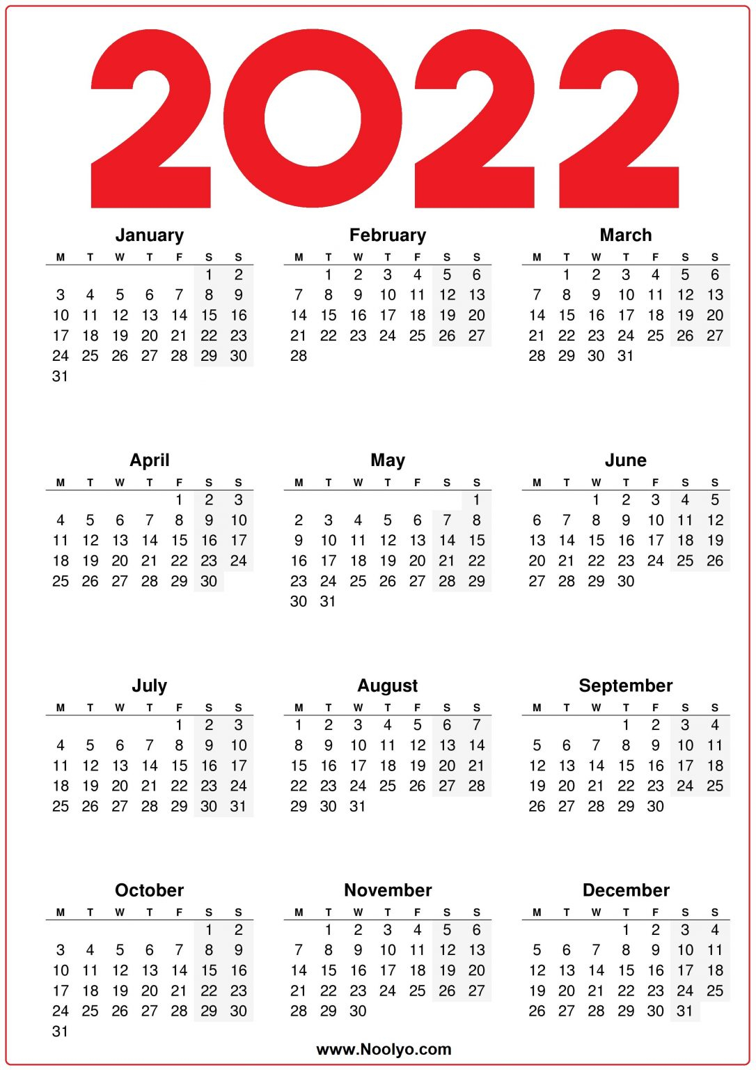 2022 Calendar Uk Printable One Page - Noolyo