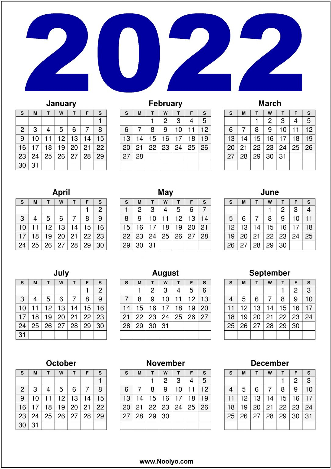 2022 Calendar Us Printable - Download Free - Noolyo