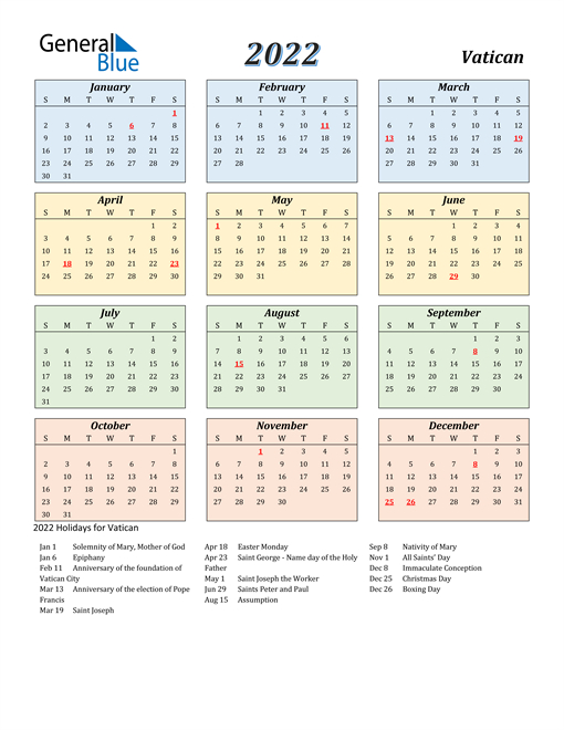 2022 Calendar - Vatican With Holidays