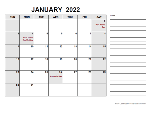 2022 Calendar With Australia Holidays Pdf - Free Printable