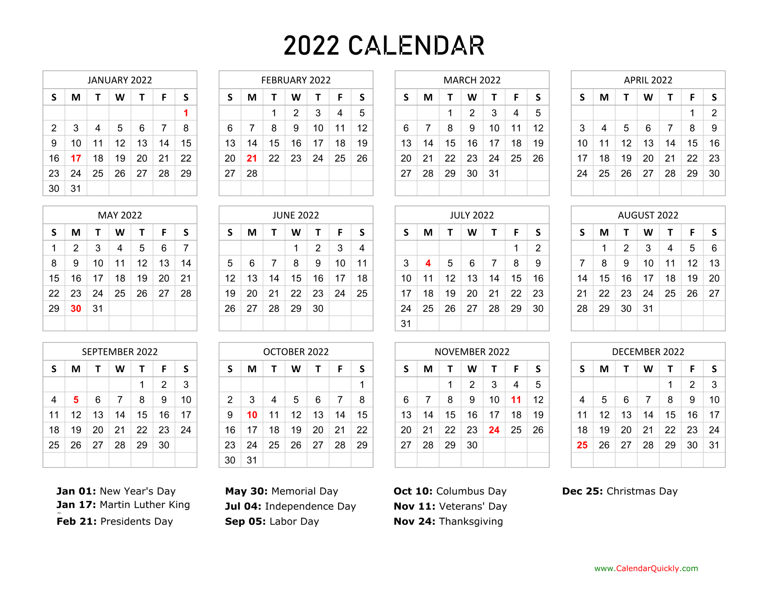 2022 Calendar With Holidays | Calendar Quickly