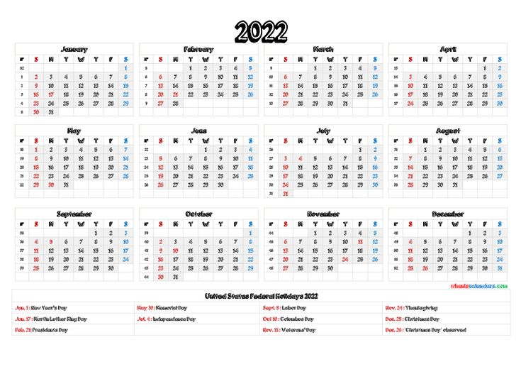 2022 Calendar With Holidays Printable - 6 Templates In