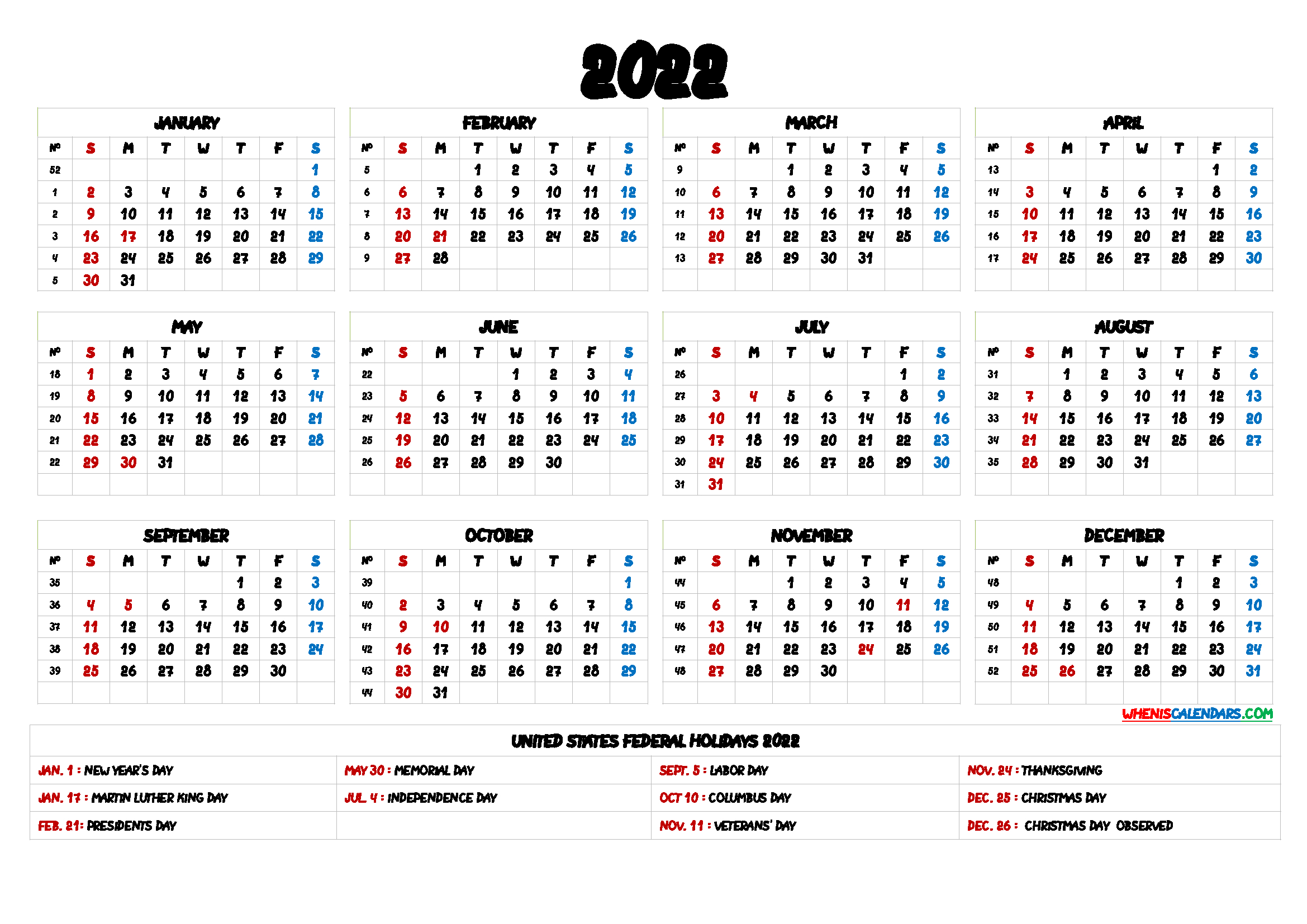 2022 Calendar With Holidays Printable - 6 Templates