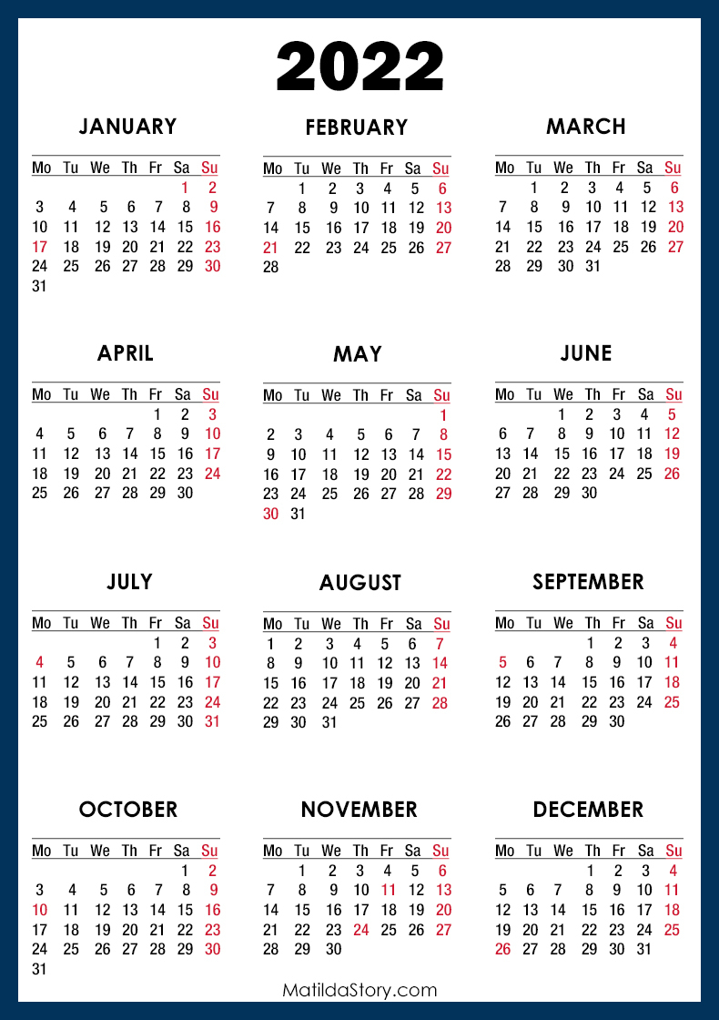 2022 Calendar With Holidays, Printable Free, Blue - Monday