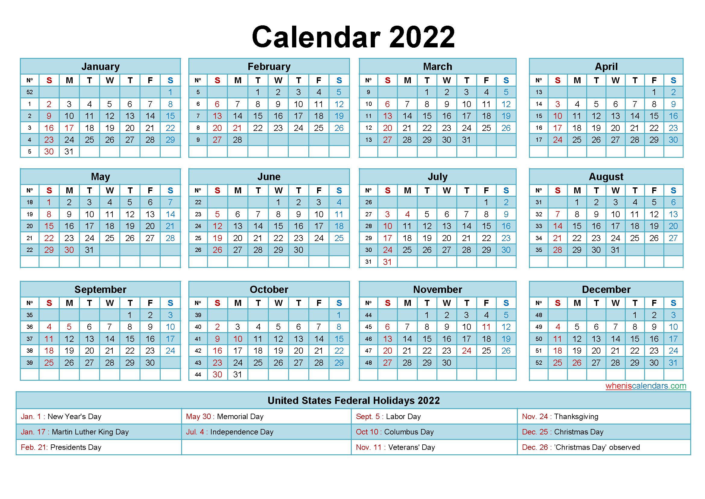 2022 Calendar With Holidays Printable Word, Pdf