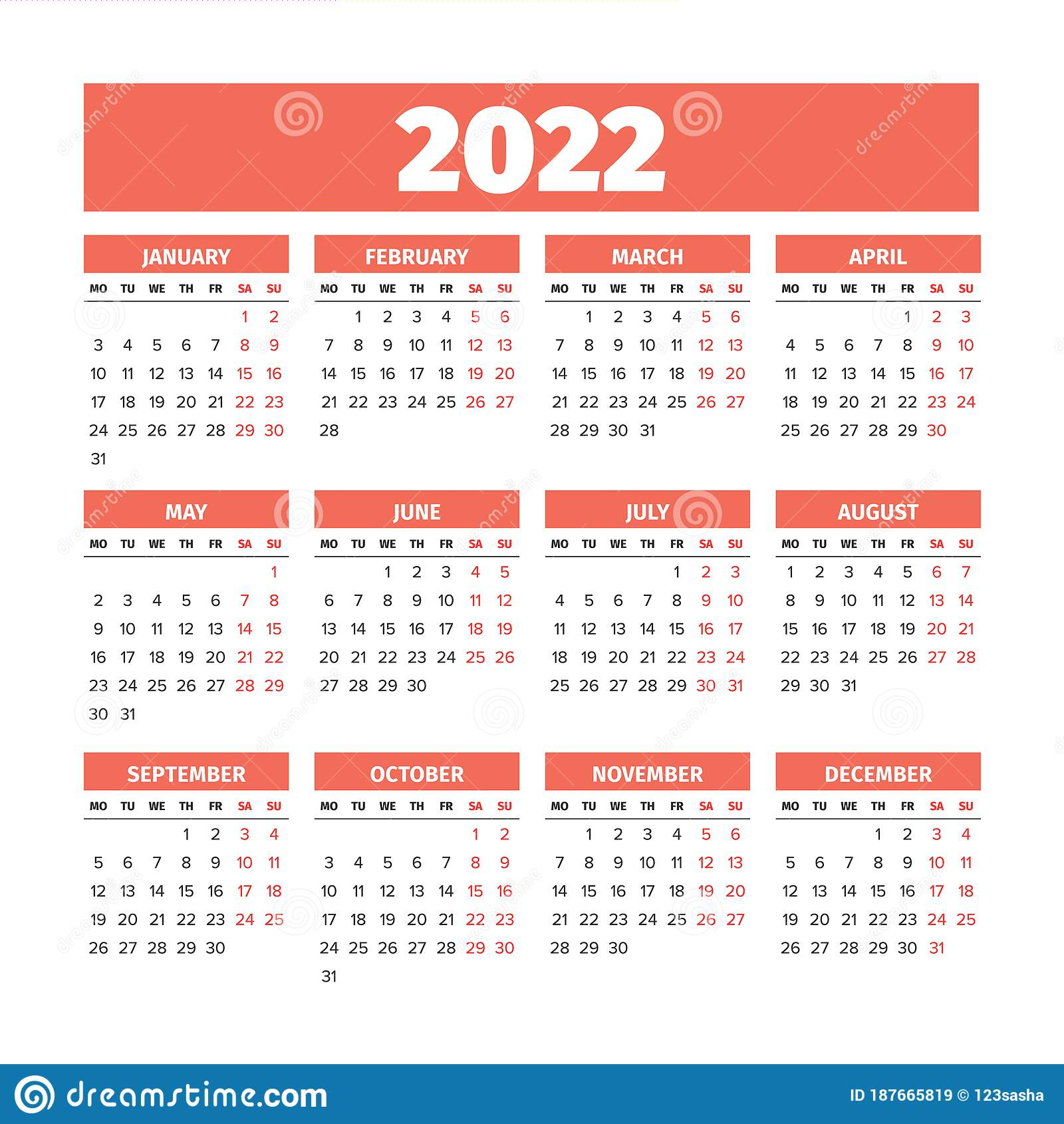 2022 Calendar With The Weeks Start On Monday Stock Vector