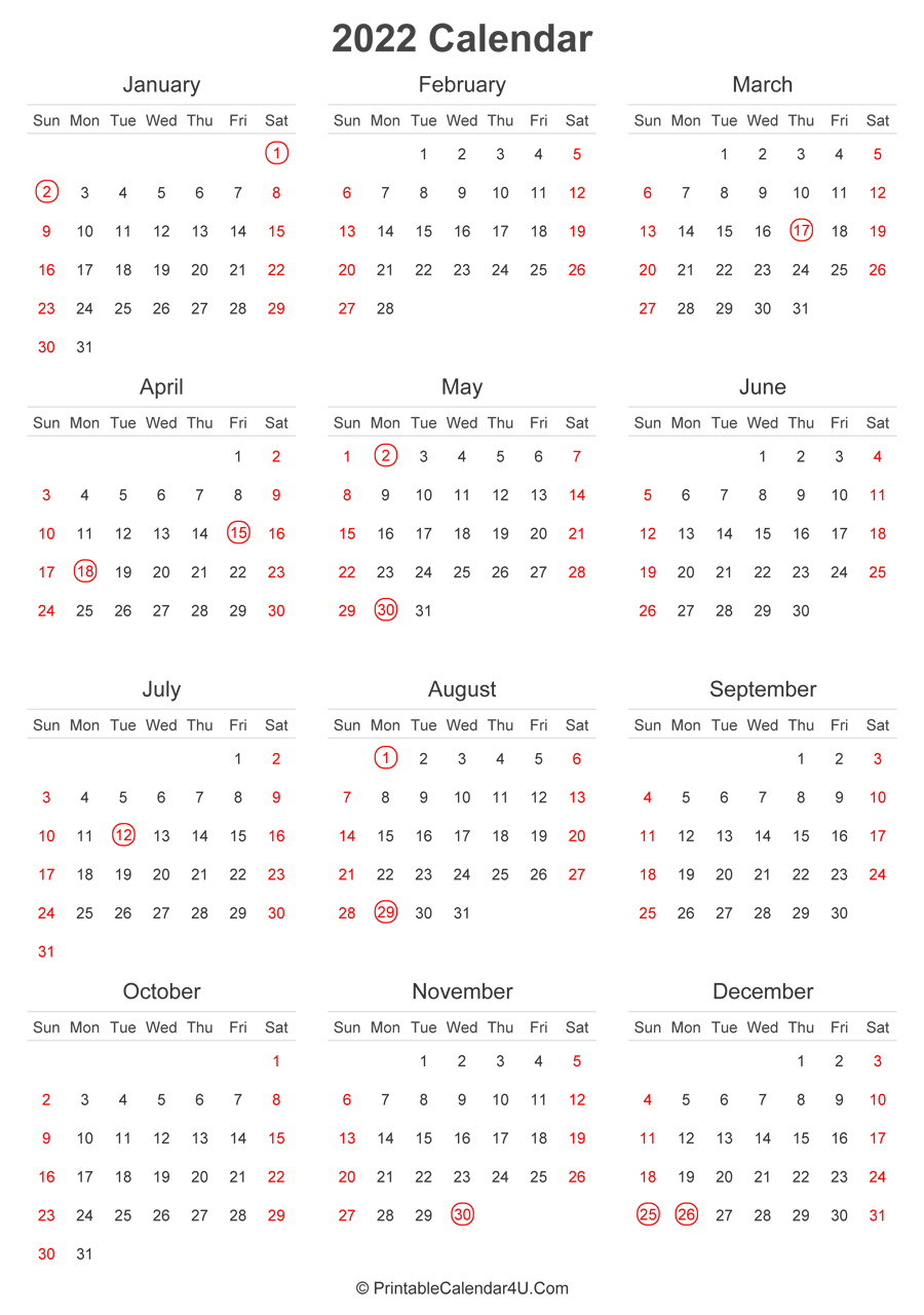 2022 Calendar With Uk Bank Holidays Highlighted (Portrait