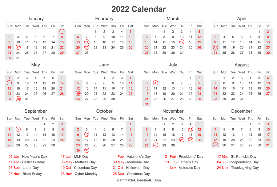 2022 Calendar With Us Holidays At Bottom (Landscape Layout)