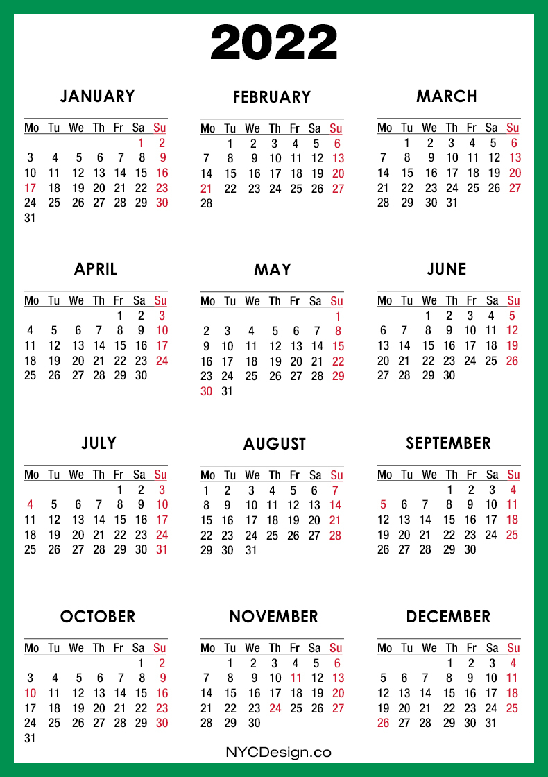 2022 Calendar With Us Holidays, Printable Free, Green