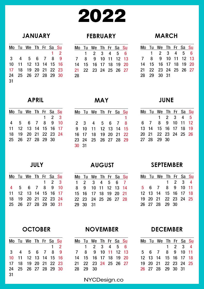 2022 Calendar With Us Holidays, Printable Free, Turquoise