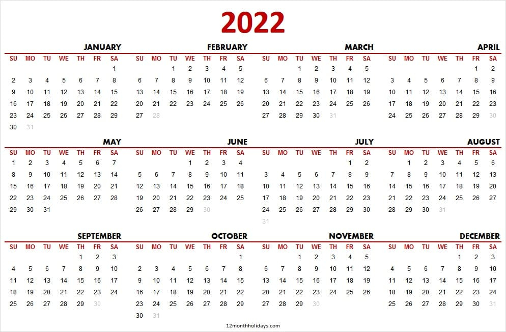 2022 Calendar Year Printable | January To December