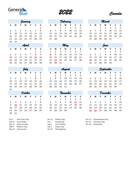 2022 Canada Calendar With Holidays - 12 Month Free