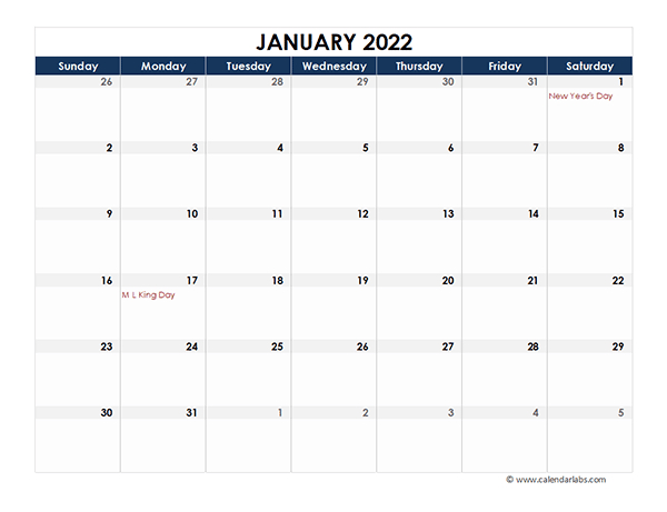 2022 Excel Calendar Spreadsheet Template - Free Printable
