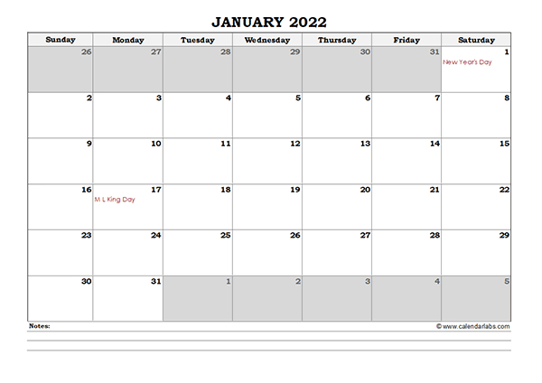 2022 Excel Monthly Calendar With Notes - Free Printable