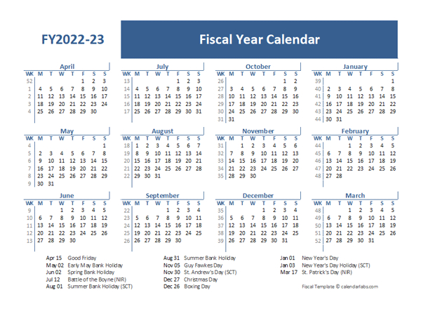 2022 Fiscal Year Calendar Template Uk - Free Printable