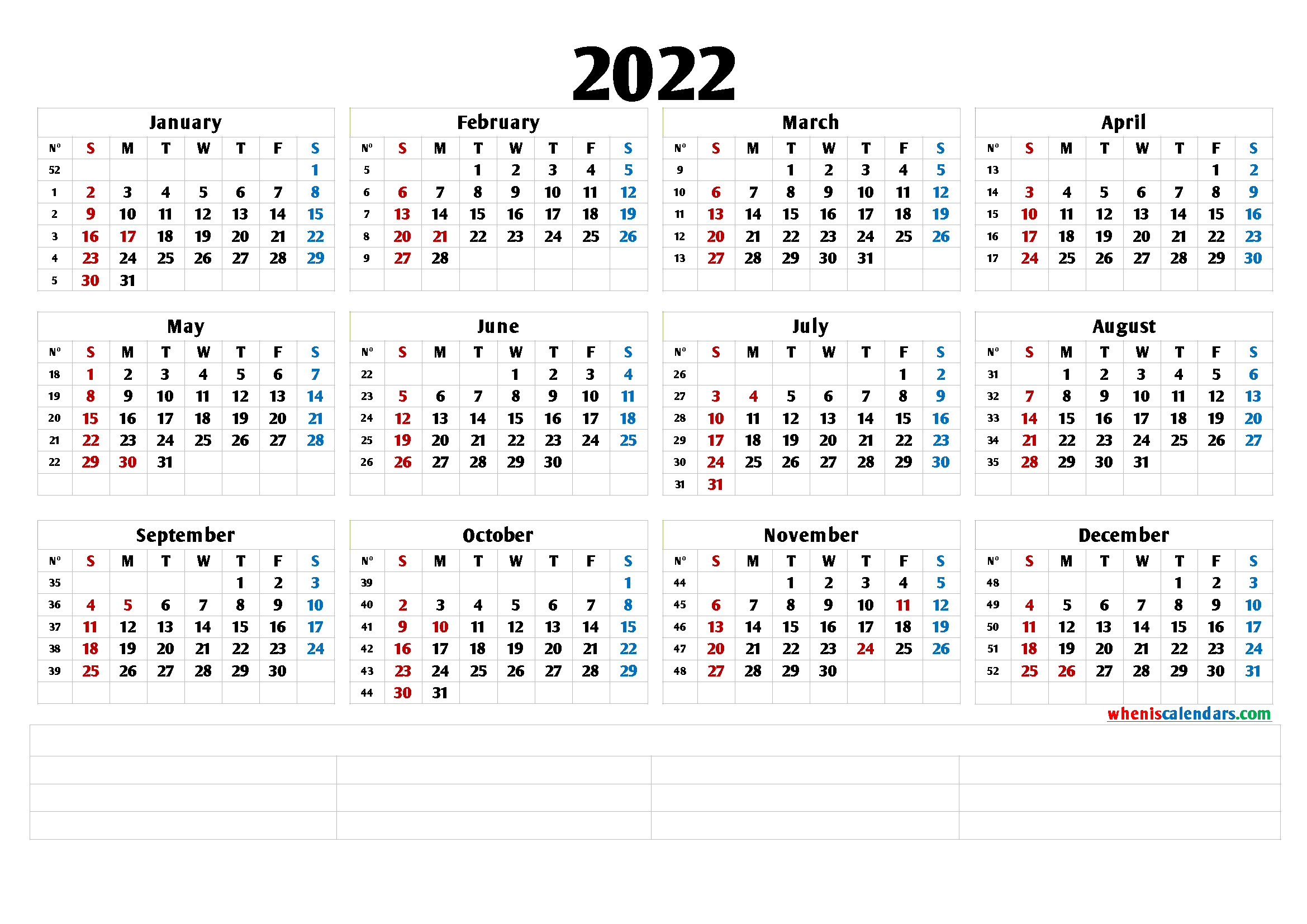 2022 Free Printable Yearly Calendar - Calendraex