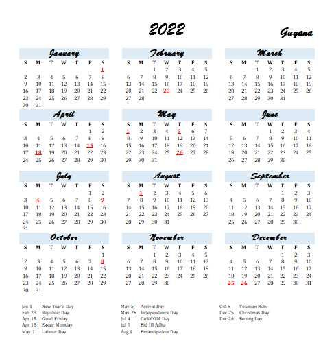2022 Guyana Calendar With Holidays | Allcalendar