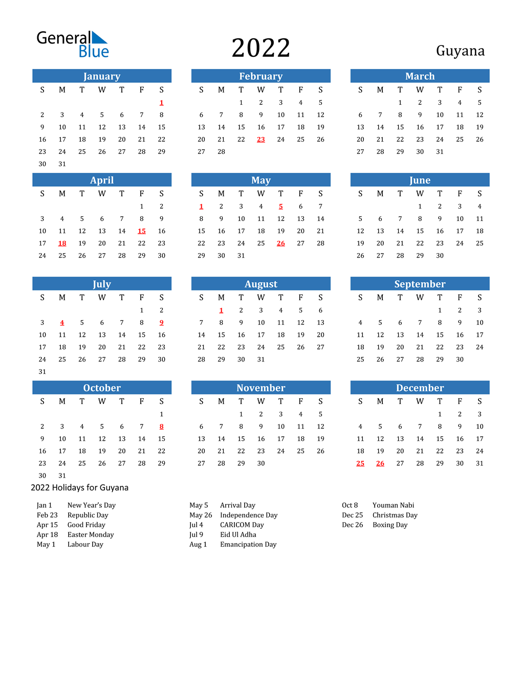 2022 Guyana Calendar With Holidays
