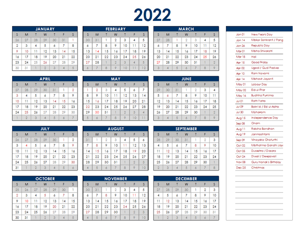2022 India Annual Calendar With Holidays - Free Printable