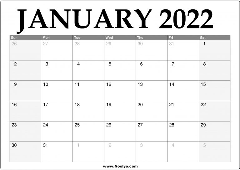 2022 January Calendar Printable - Download Free - Noolyo
