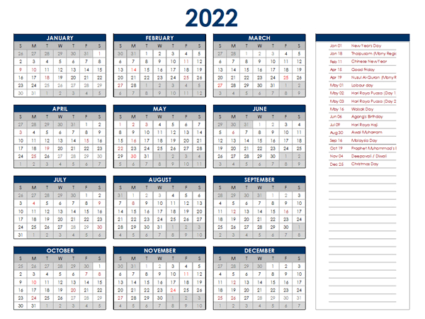2022 Malaysia Annual Calendar With Holidays - Free