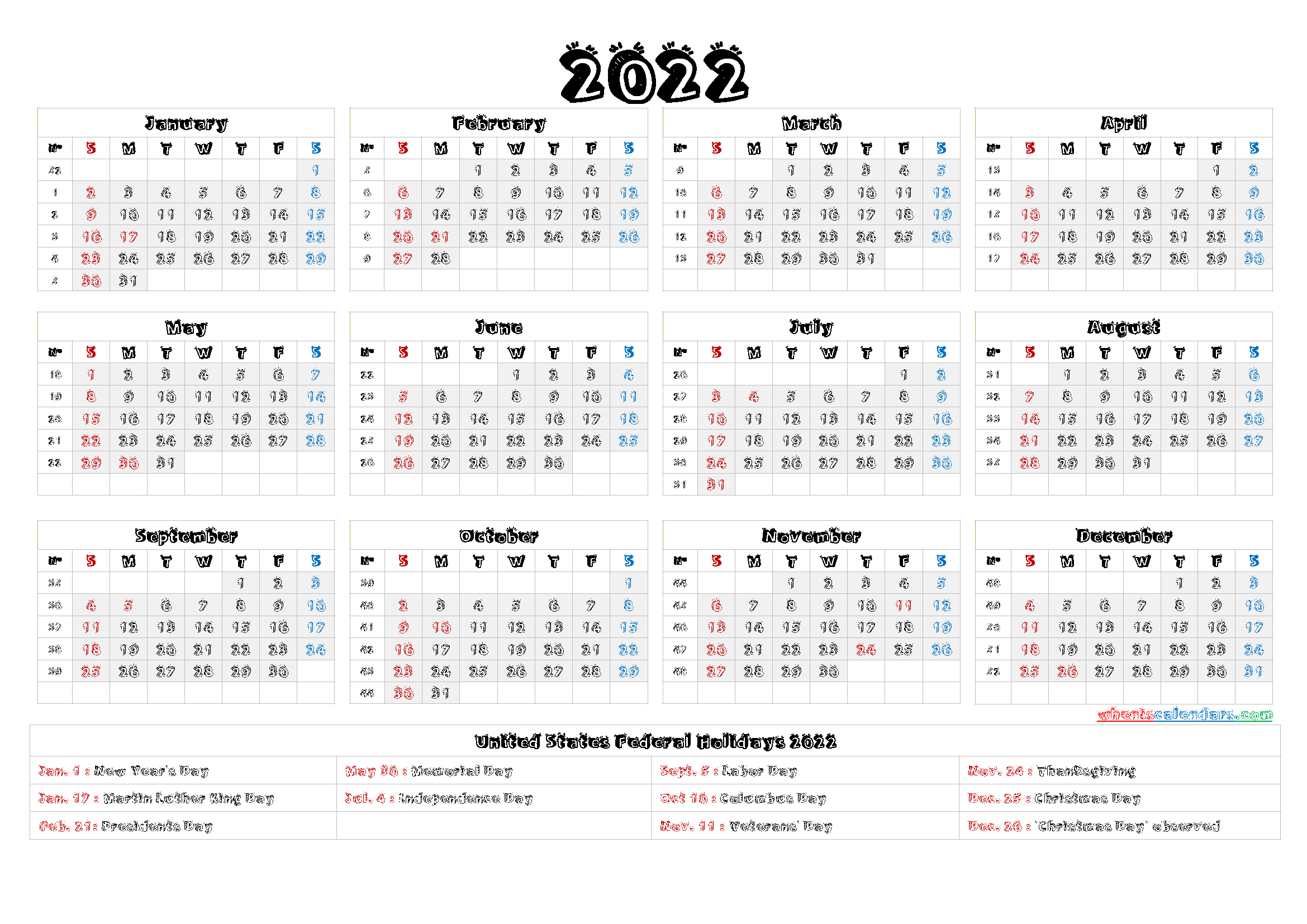 2022 One Page Calendar Printable - 6 Templates