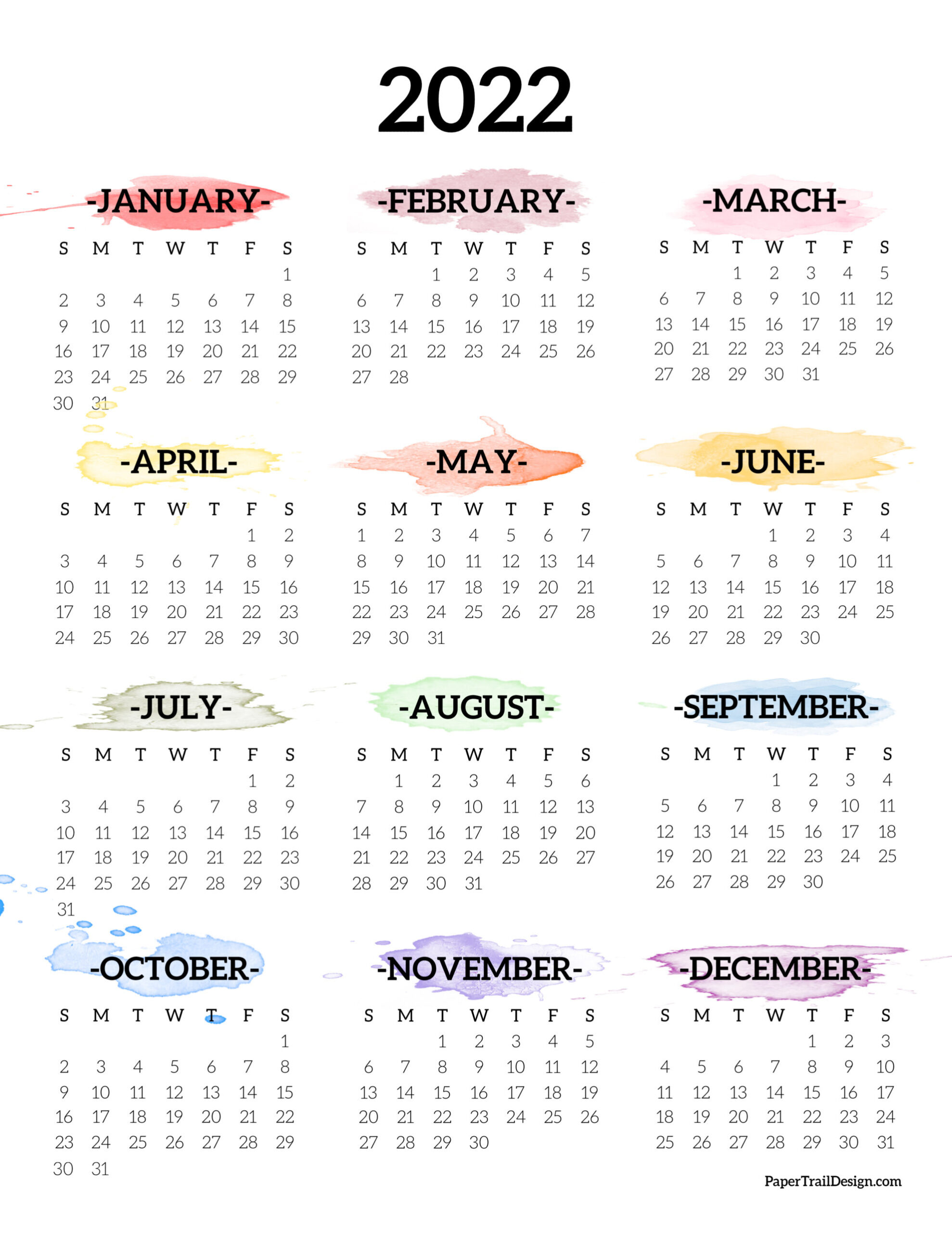 2022 One Page Calendar Printable - Watercolor | Paper