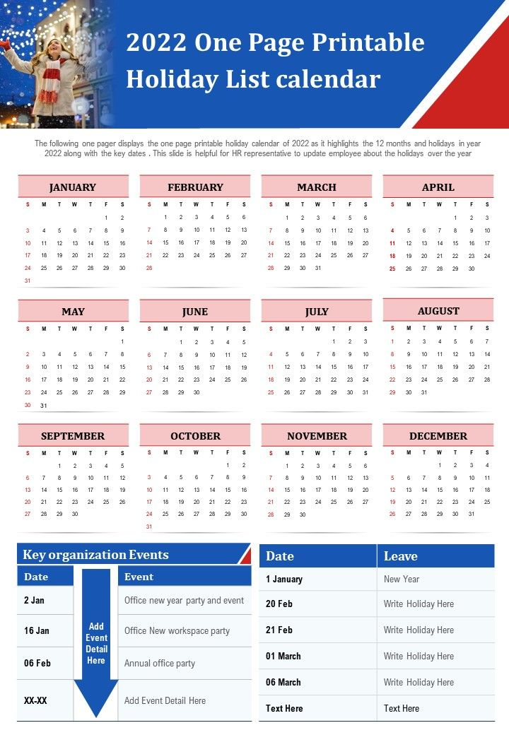 2022 One Page Printable Holiday List Calendar Presentation