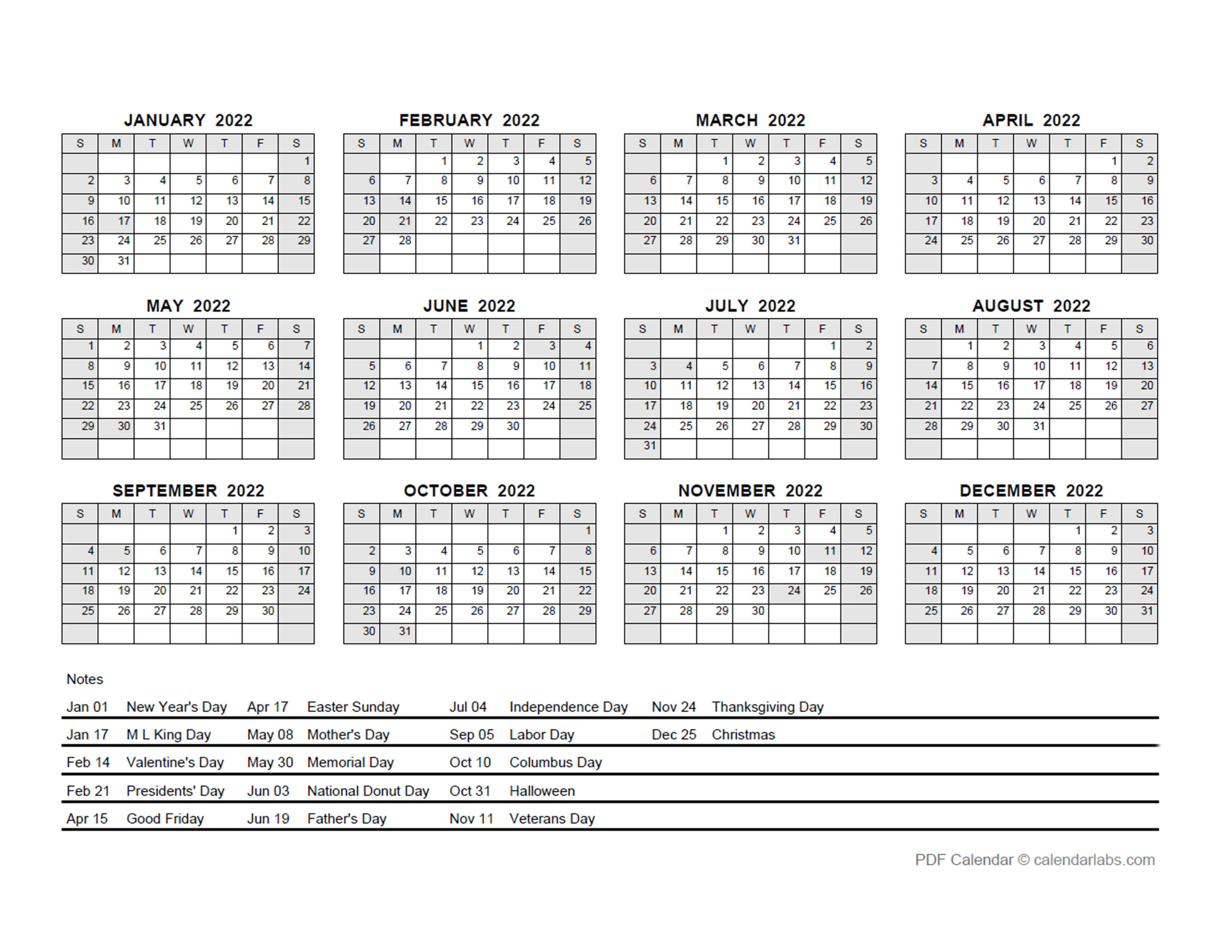 2022 Pdf Yearly Calendar With Holidays - Free Printable