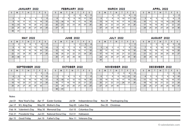 2022 Pdf Yearly Calendar With Holidays - Free Printable