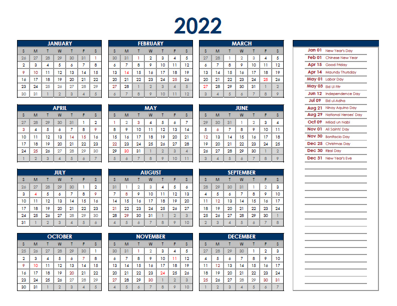 2022 Philippines Annual Calendar With Holidays - Free