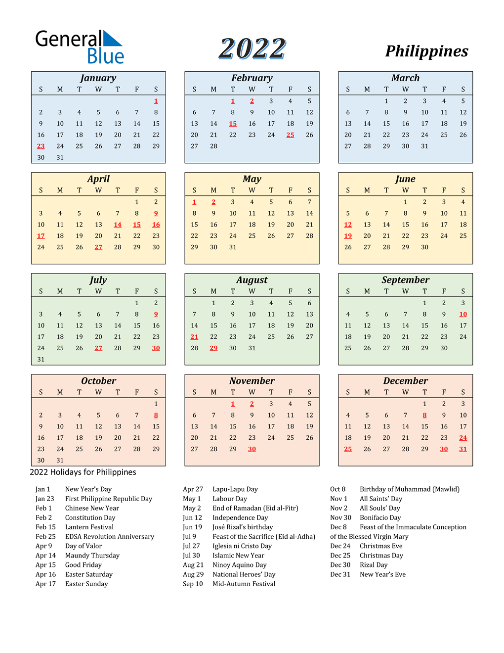 2022 Philippines Calendar With Holidays