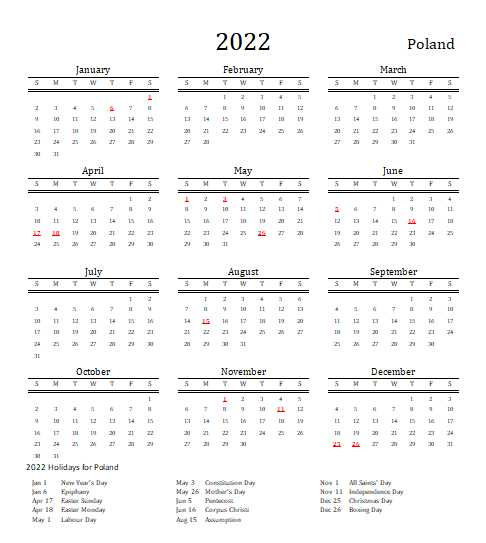 2022 Poland Calendar With Holidays | Allcalendar
