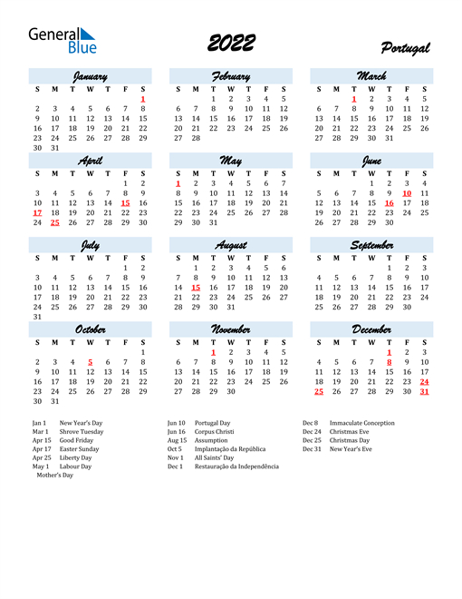 2022 Portugal Calendar With Holidays