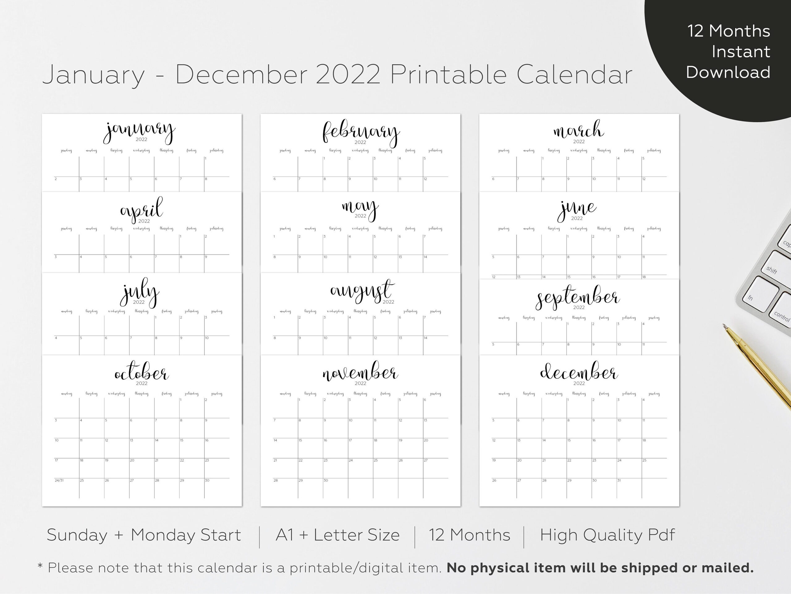 2022 Printable Calendar Monthly Calendar 2022 Big Wall | Etsy