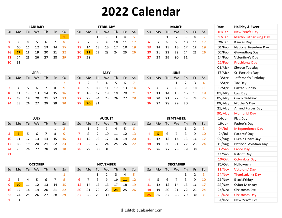 2022 Printable Calendar One Page With Holidays : 2021 And