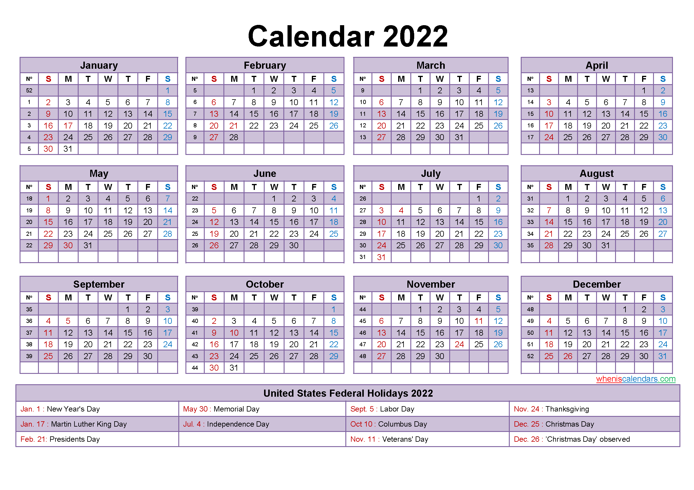 2022 Printable Calendar With Holidays | Free Letter Templates
