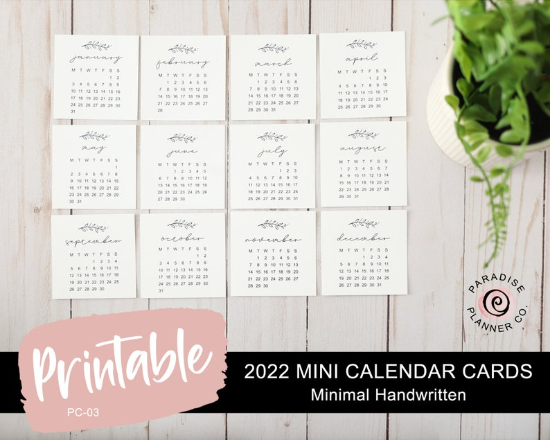 2022 Printable Mini Calendar Planner Cards Handwritten