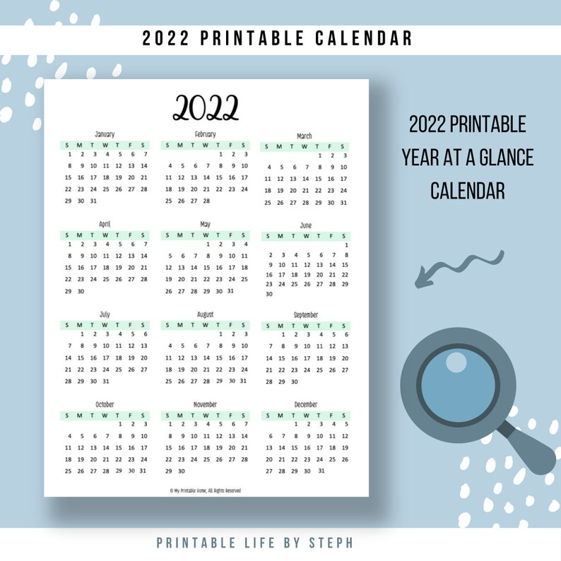 2022 Printable Year At A Glance Calendar Yearly Planner | Etsy