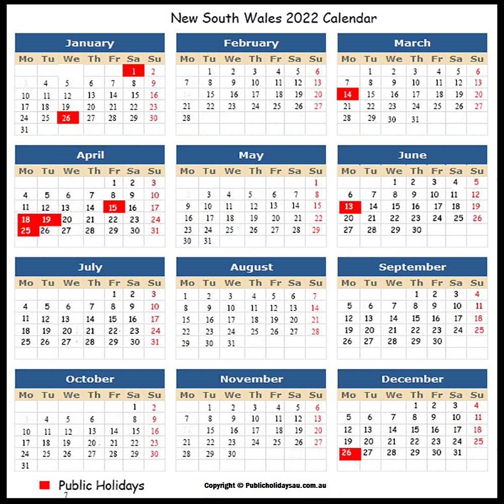 2022 Public Holidays Nsw