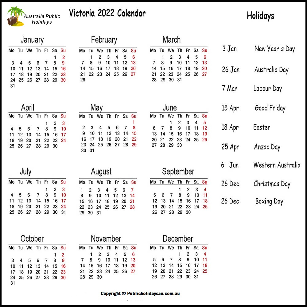 2022 Public Holidays Vic