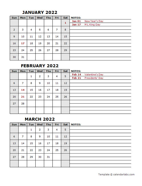 2022 Quarterly Calendar With Holidays - Free Printable