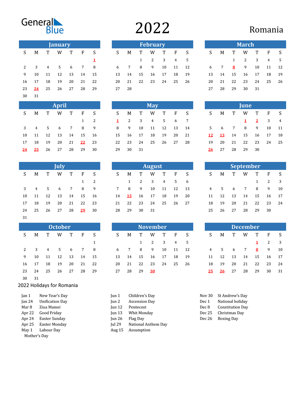 2022 Romania Calendar With Holidays