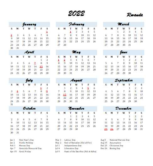 2022 Rwanda Calendar With Holidays | Allcalendar