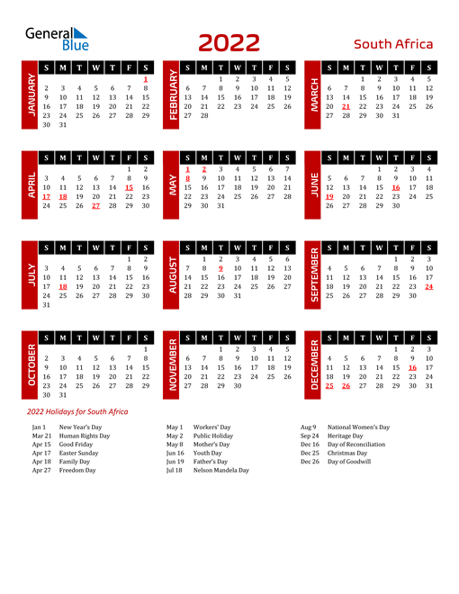 Holiday Calendar 2022 South Africa