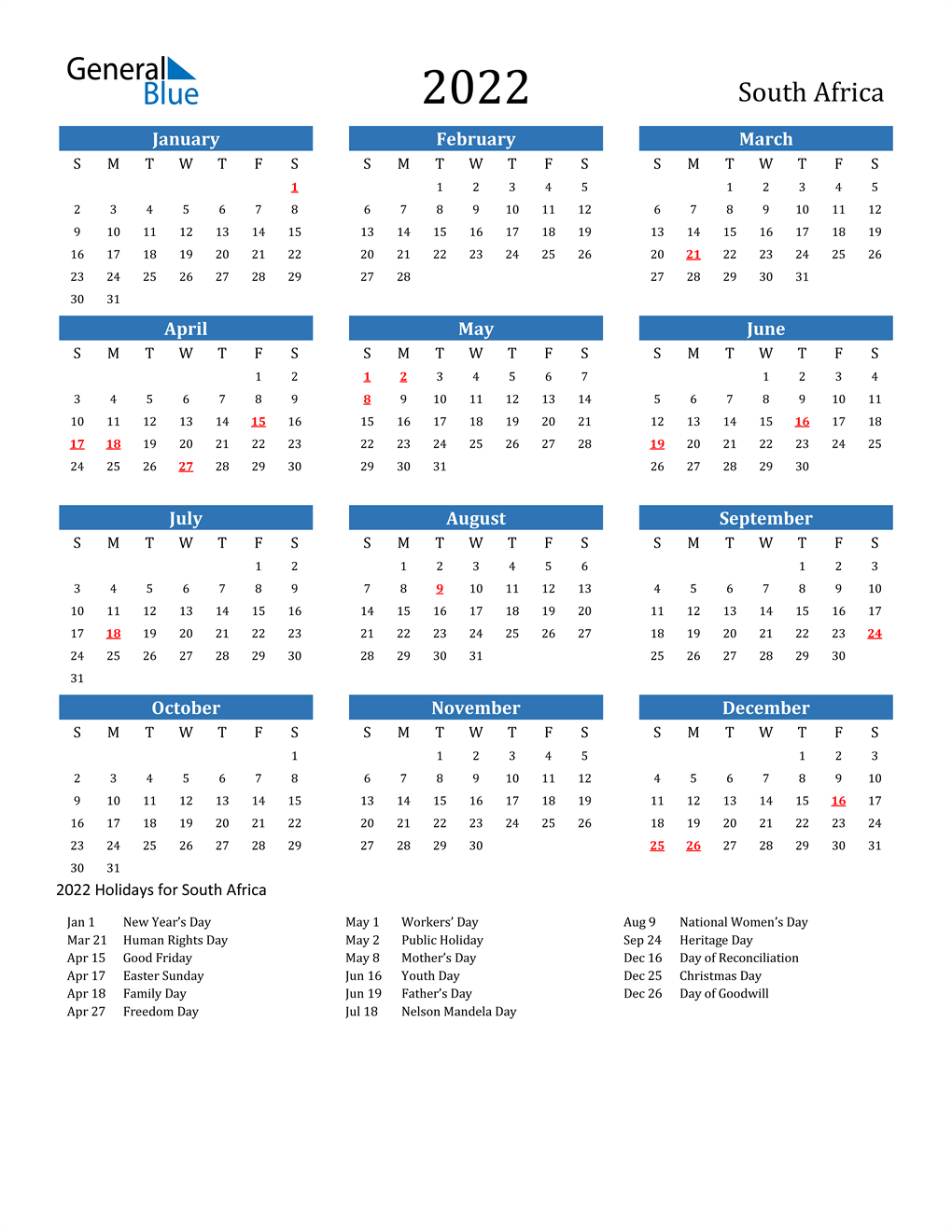 2022 South Africa Calendar With Holidays