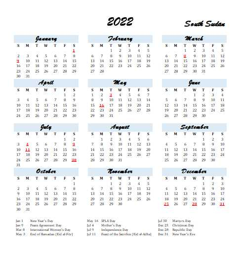 2022 South Sudan Calendar With Holidays | Allcalendar