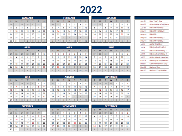 2022 Uae Annual Calendar With Holidays - Free Printable