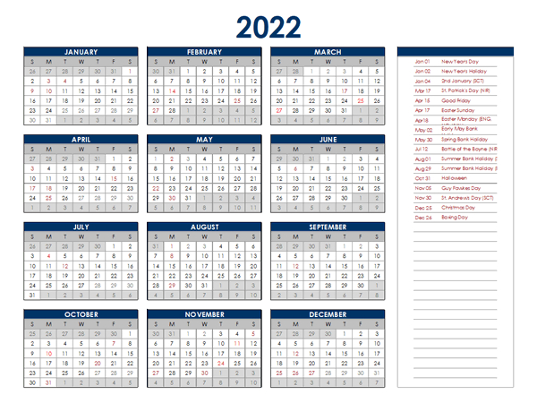 2022 Uk Annual Calendar With Holidays - Free Printable